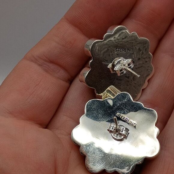 Southwest Native Style Sterling Silver Lapis Lazuli Cluster Flower Earrings Stud - Picture 3 of 4